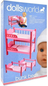 Dolls World bunk beds packaging showing the pink bunk bed frame, two separate bed layouts and a child holding a doll