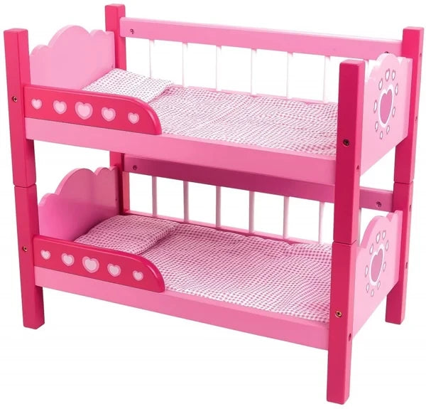 Pink Dolls World wooden bunk beds with heart details on the side rails, patterned mattresses and heart shaped headboards 