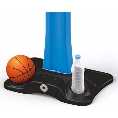 Basketball hoop base with orange ball and clear bottle on a white background