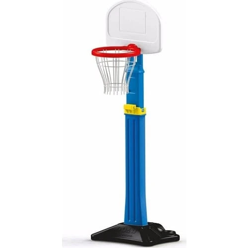 Blue basketball hoop with red rim and white backboard on a white background