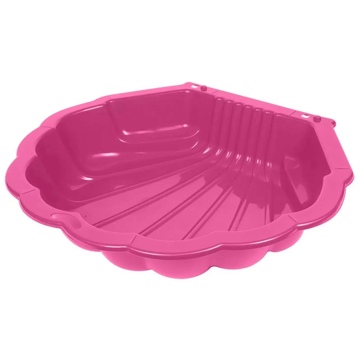 Pink shell shaped sandpit shown from above on a white background
