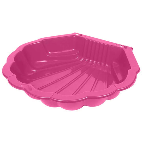 Pink shell shaped sandpit shown from above on a white background