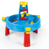 Blue Dolu sand and water activity table with red legs and water play accessories on a white background