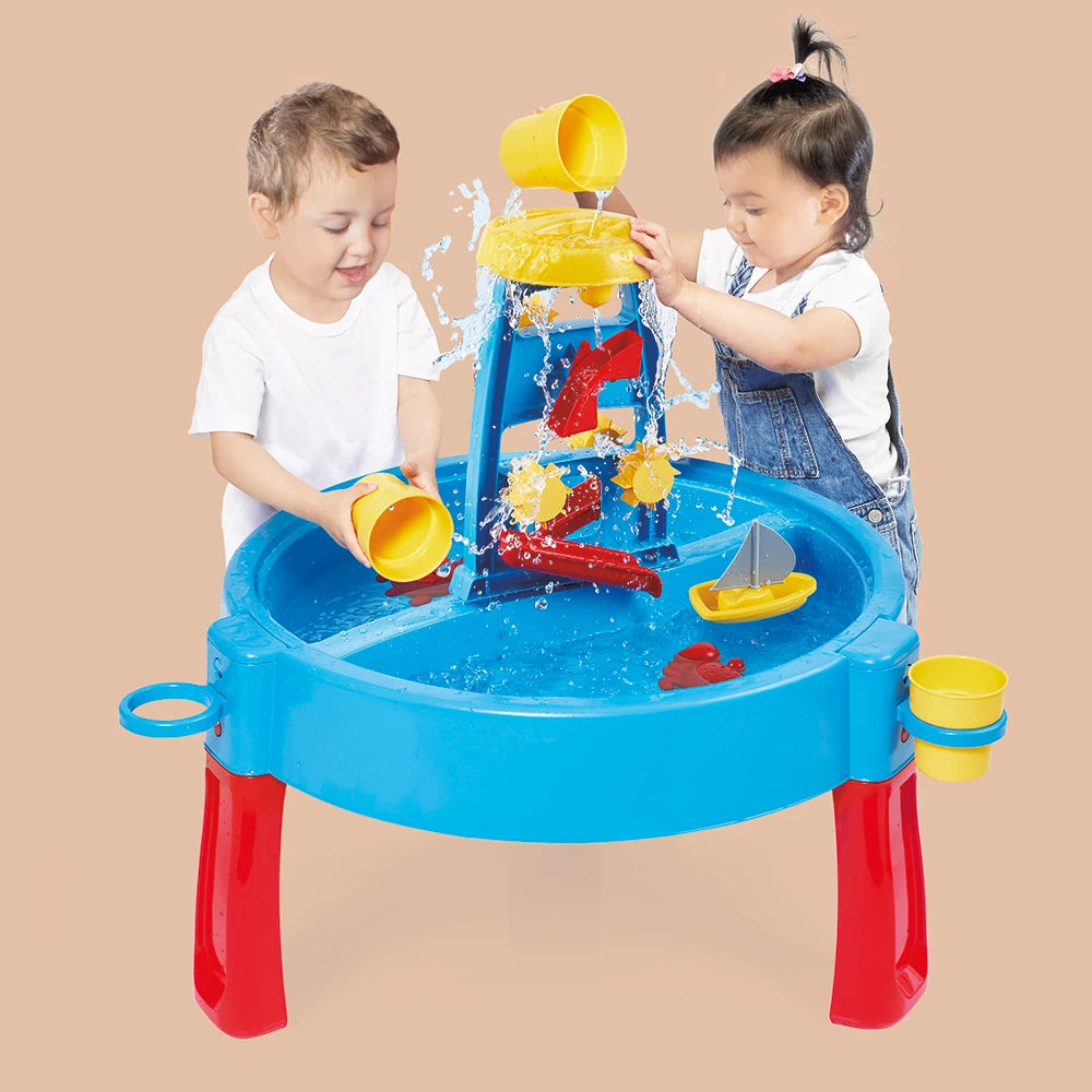 Two children using a blue Dolu sand and water activity table