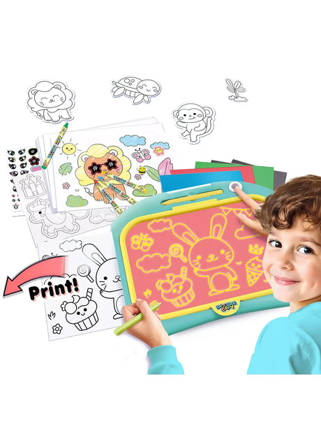 Child printing and colouring designs with the Doodle Copy Draw & Print creative doodle pad in Ireland