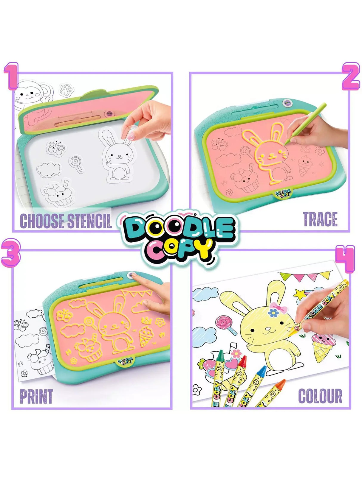 Step by step drawing, printing and colouring process of the Doodle Copy Draw & Print pad in Ireland