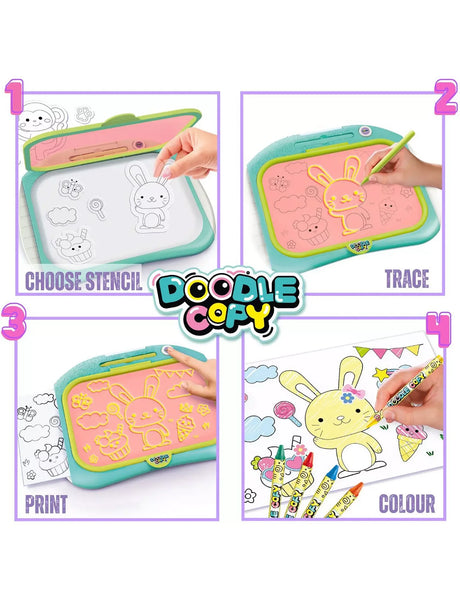 Step by step drawing, printing and colouring process of the Doodle Copy Draw & Print pad in Ireland