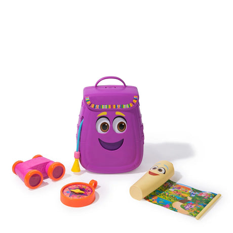 Dora My Adventure Backpack shown with retractable map, binoculars, and compass laid out in Ireland.