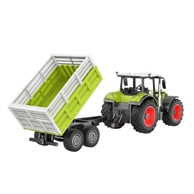 Rear angle of Double Eagle CLAAS Arion RC farm tractor raising its green trailer to unload, shown on white background