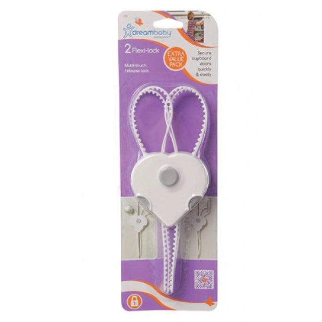 Dreambaby Cabinet Flexi-Lock 2 Pack child safety locks displayed in retail packaging showing flexible straps and locking units