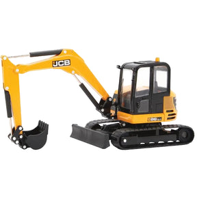 Side view of a Britains JCB Midi Excavator with yellow body and black cabin. 