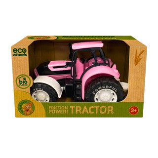 Eco Wheels Bio Plastic Tractor 21cm Pink in retail box with eco wheels branding, bio plastic badge and 3+ age mark