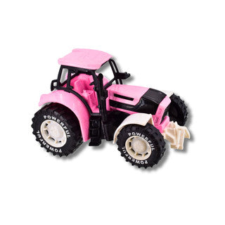 Eco Wheels Bio Plastic Tractor 21cm Pink in angled front view with black cab frame, white front mudguard and white front hitch