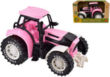 Eco Wheels Bio Plastic Tractor 21cm Pink in close-up angled view with the retail box shown in the top right corner