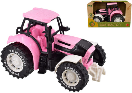 Eco Wheels Bio Plastic Tractor 21cm Pink in close-up angled view with the retail box shown in the top right corner