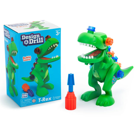 Design & Drill T-Rex toy beside packaging box and screwdriver – Ireland