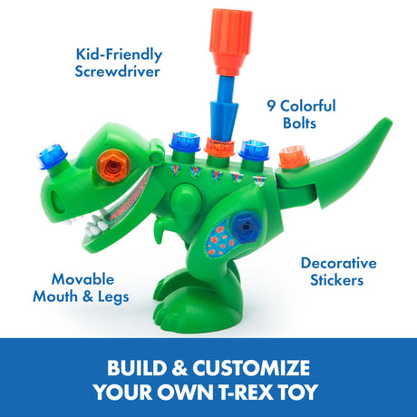 Side view of assembled Design & Drill T-Rex with labels showing features – Ireland
