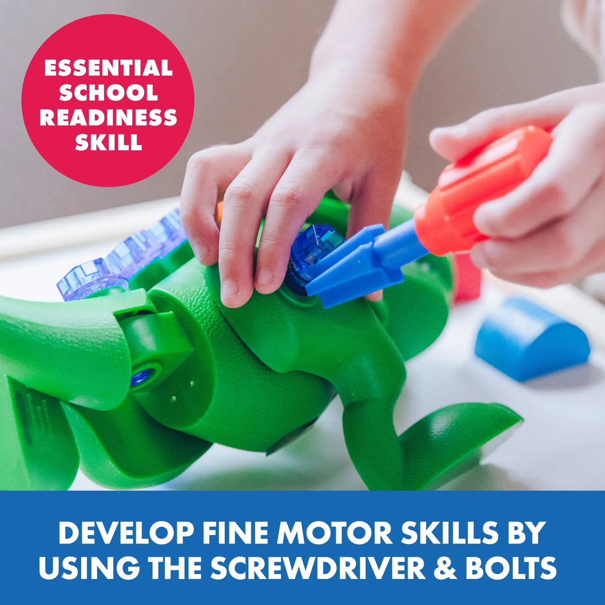 Child using toy screwdriver on T-Rex dinosaur bolt for motor skill play – Ireland