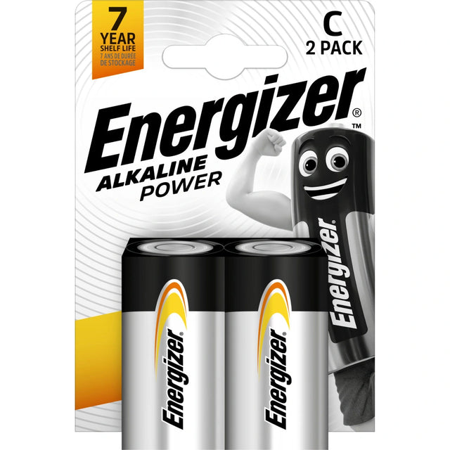 Energizer Alkaline Power C Batteries 2 Pack front packaging with two C batteries