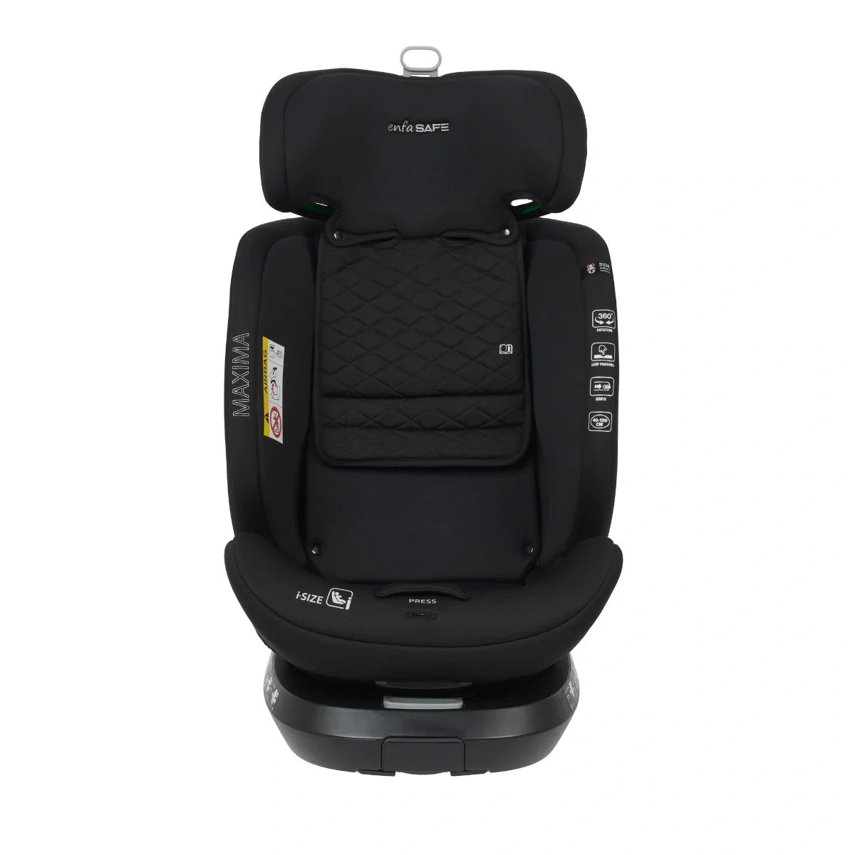 Enfasafe Maxima i-Size car seat in black shown from the front