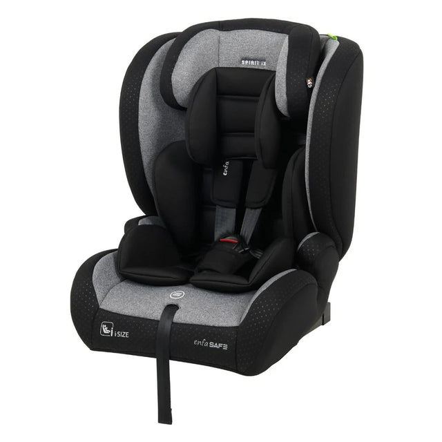 Enfasafe Spirit iX R129 i-Size ISOFIX car seat in black and grey angled front view with padded headrest and harness