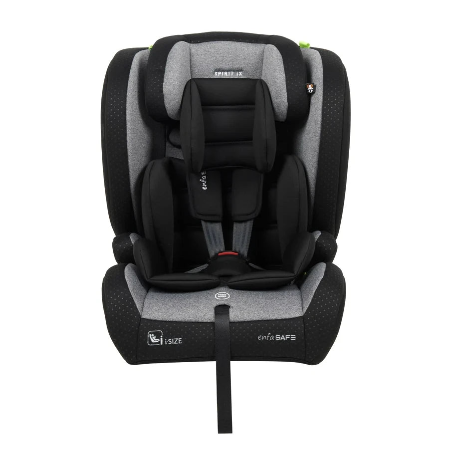 Front view of Enfasafe Spirit iX R129 i-Size ISOFIX car seat showing 5-point harness and cushioned seating in black and grey