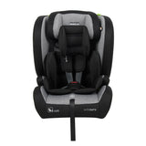 Front view of Enfasafe Spirit iX R129 i-Size ISOFIX car seat showing 5-point harness and cushioned seating in black and grey