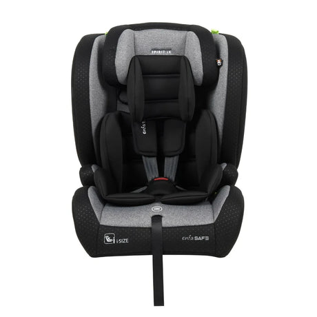 Front view of Enfasafe Spirit iX R129 i-Size ISOFIX car seat showing 5-point harness and cushioned seating in black and grey