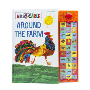 Cover of Eric Carle Around the Farm sound book showing a colourful rooster and 30 button animal sound panel