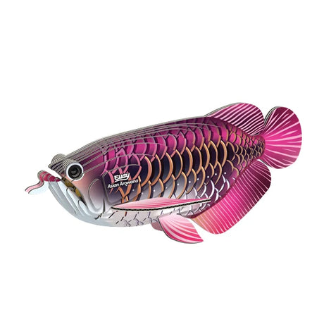 Completed EUGY Asian Arowana 3D cardboard model featuring layered scales, pink fins and metallic gold pattern