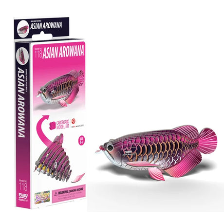 Boxed EUGY Asian Arowana 3D Cardboard Model Kit showing pink and gold fish design with eco packaging
