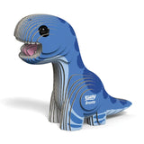 Completed EUGY Bronto 3D cardboard model in bright blue with layered body and open mouth detail