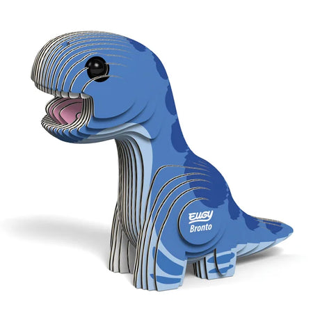 Completed EUGY Bronto 3D cardboard model in bright blue with layered body and open mouth detail