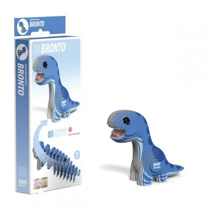 Boxed EUGY Bronto 3D Cardboard Model Kit showing blue dinosaur design and eco-friendly packaging