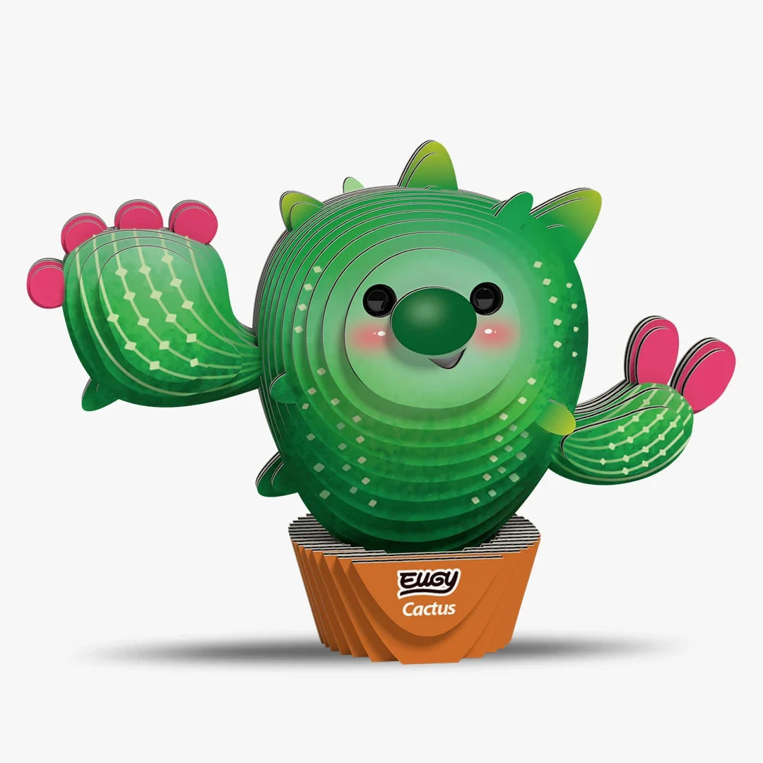 EUGY Cactus front view showing smiling face, green arms and pink flower buds