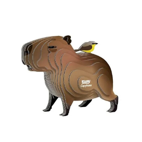 Completed EUGY Capybara 3D cardboard model with layered brown body and small yellow bird on its back