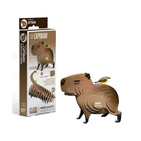 EUGY Capybara model parts displayed in numbered order showing layered cardboard sections ready for assembly