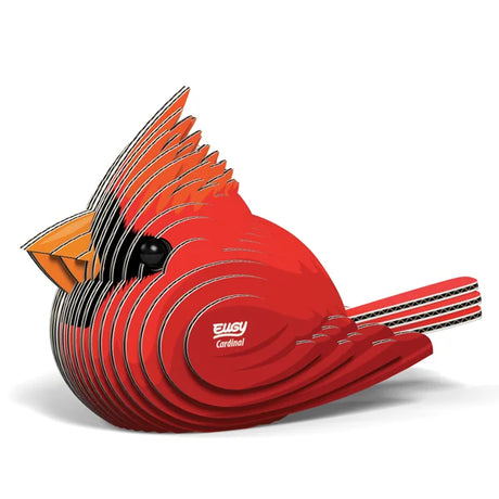 Completed EUGY Cardinal 3D cardboard model with vivid red body, black face detail and layered feather texture