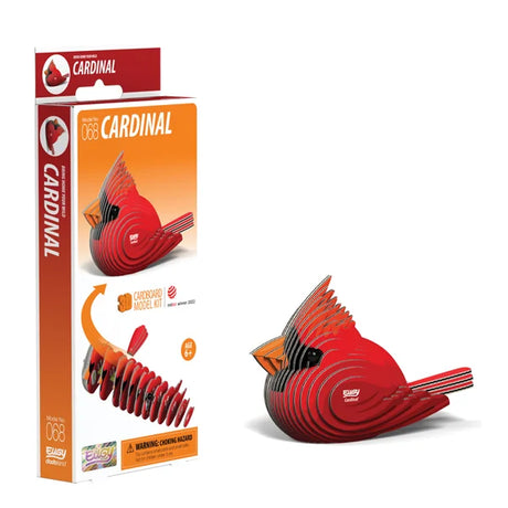 Boxed EUGY Cardinal 3D Cardboard Model Kit showing bright red bird design with eco-friendly packaging
