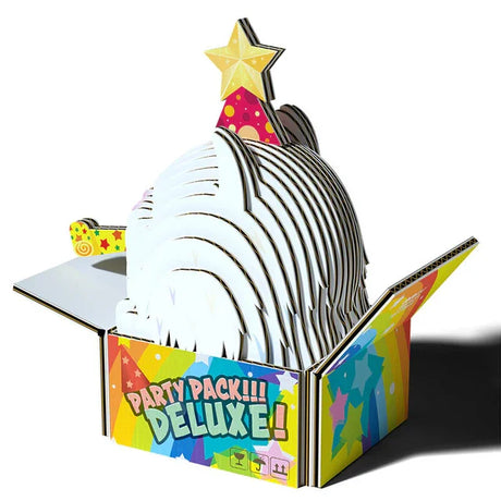 Assembled EUGY Cat Cottonball model showing cat sitting in a colourful party box with star hat