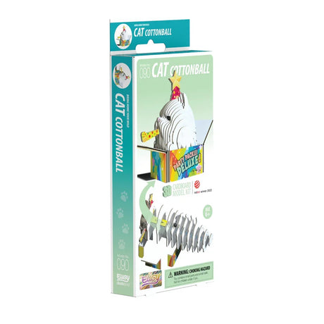 EUGY Cat Cottonball 3D model kit box beside assembled white cat figure with party hat
