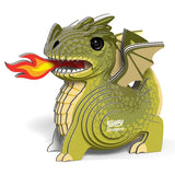 Completed EUGY Dragon 3D cardboard model breathing fire with green scales, wings and detailed texture