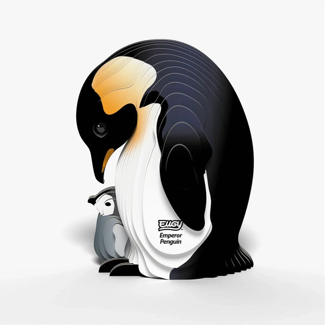 EUGY Emperor Penguin front view with chick sheltered beneath the adult