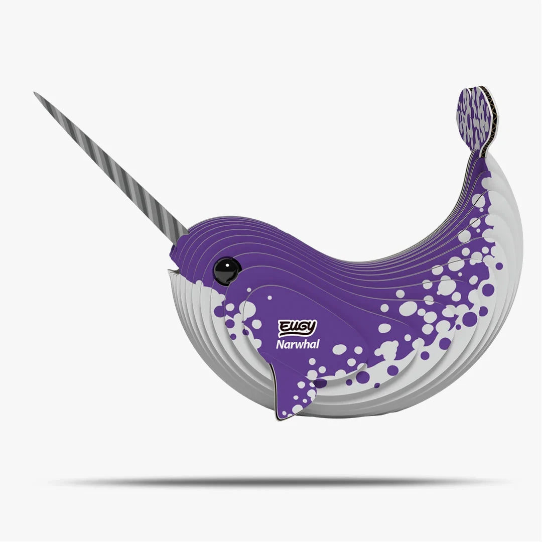 EUGY Narwhal right side view with long spiral tusk and patterned body