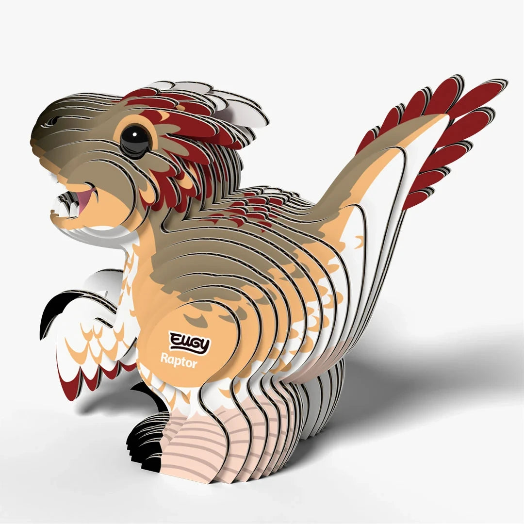 EUGY Raptor rear three quarter view showing feathered tail and layered card body