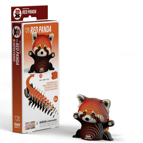 EUGY Red Panda 3D cardboard model kit box beside completed red panda figure