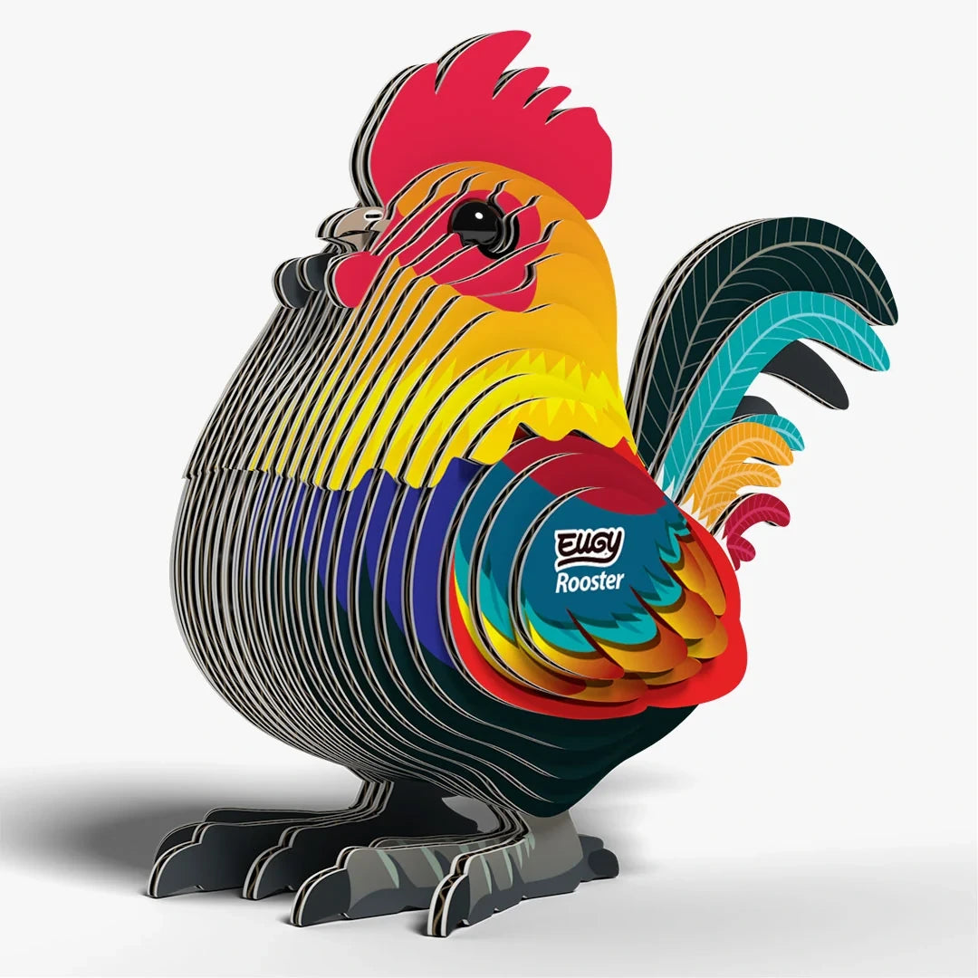 EUGY Rooster front left view showing red comb and yellow neck feathers