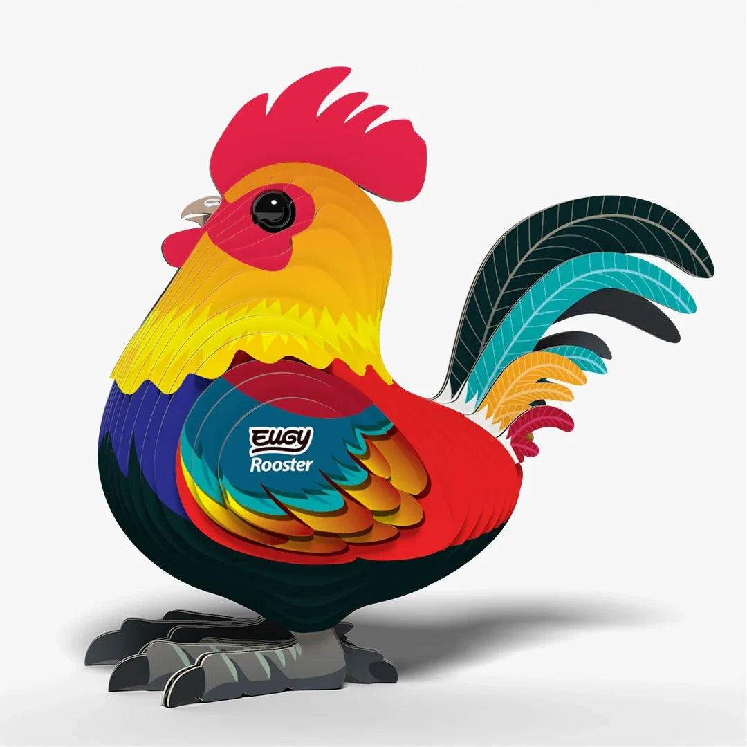 EUGY Rooster left three quarter view showing colourful layered feathers