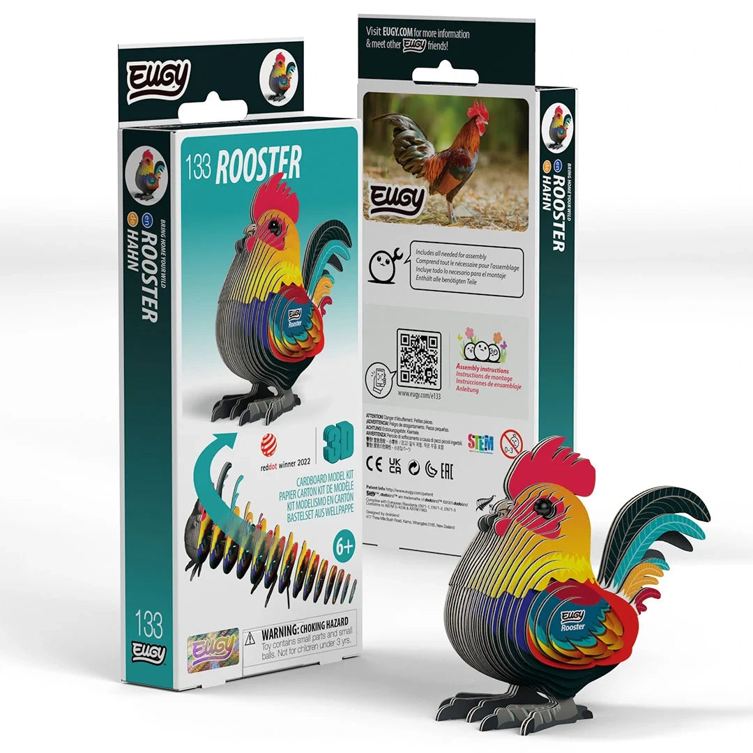EUGY Rooster packaging front and back with completed model
