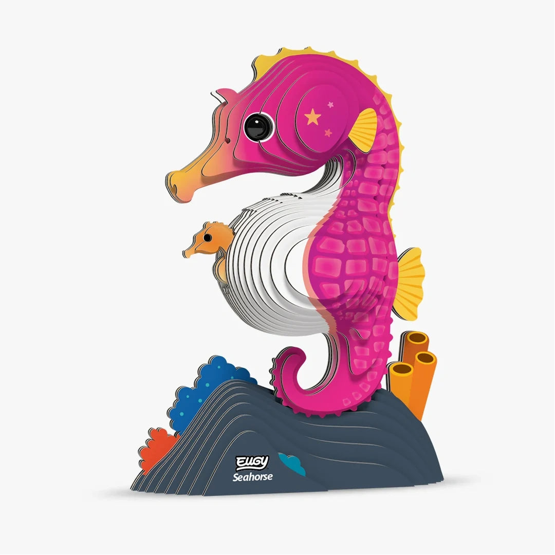 EUGY Seahorse 141 assembled pink cardboard model showing the small orange baby seahorse emerging from the white belly pouch